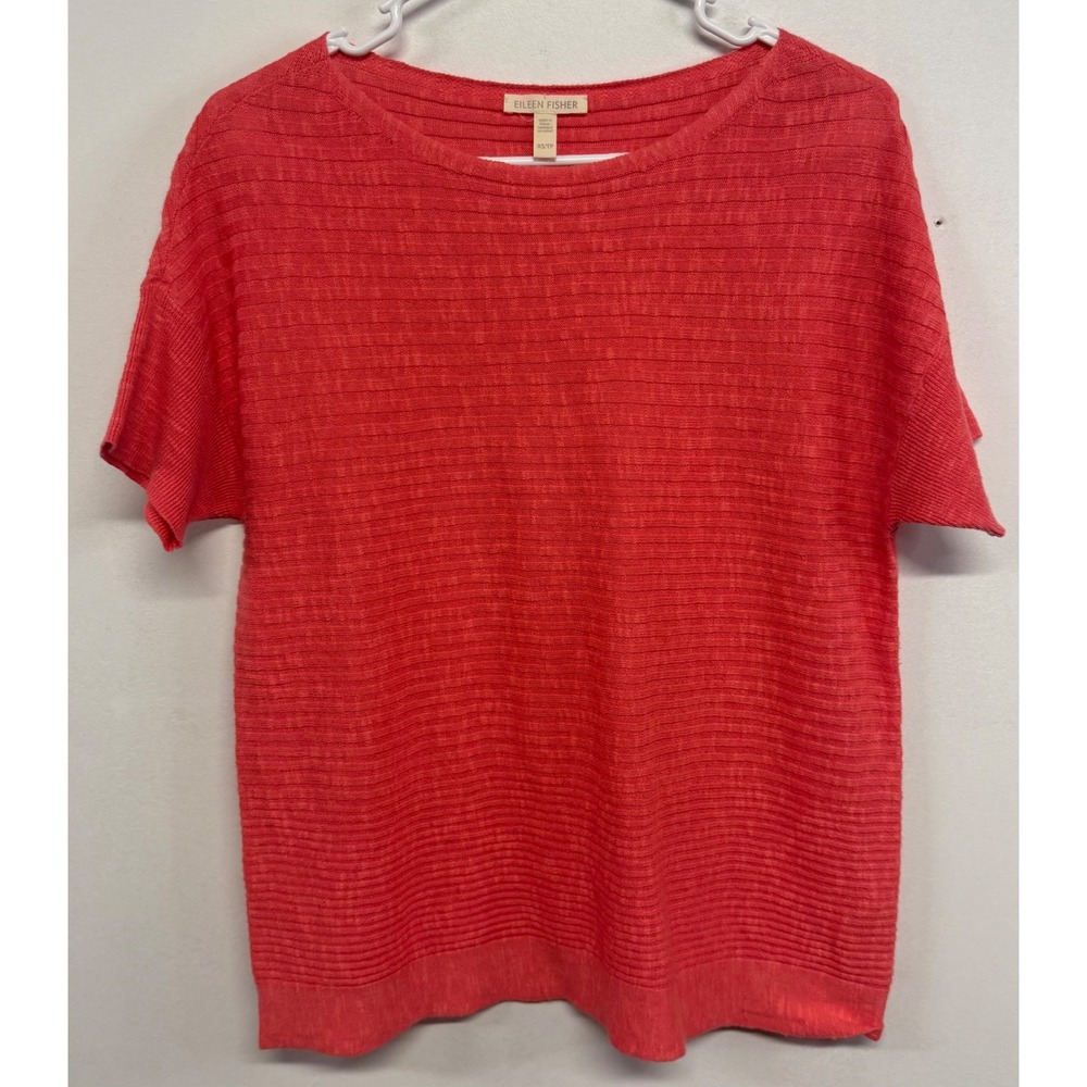 Eileen Fisher Coral Organic Linen Cotton Ribbed Knit Short Sleeve Top XS